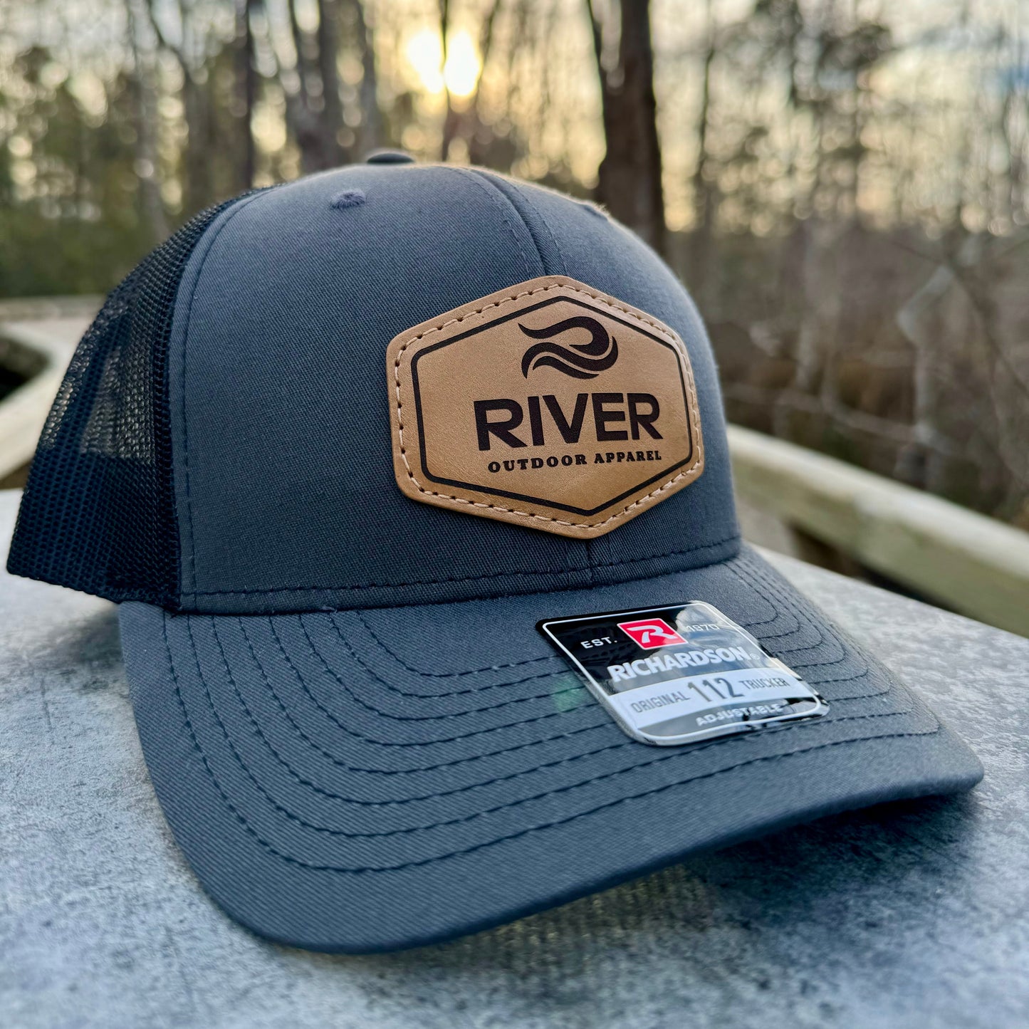 Charcoal/Black: River Logo Leather Patch Hat