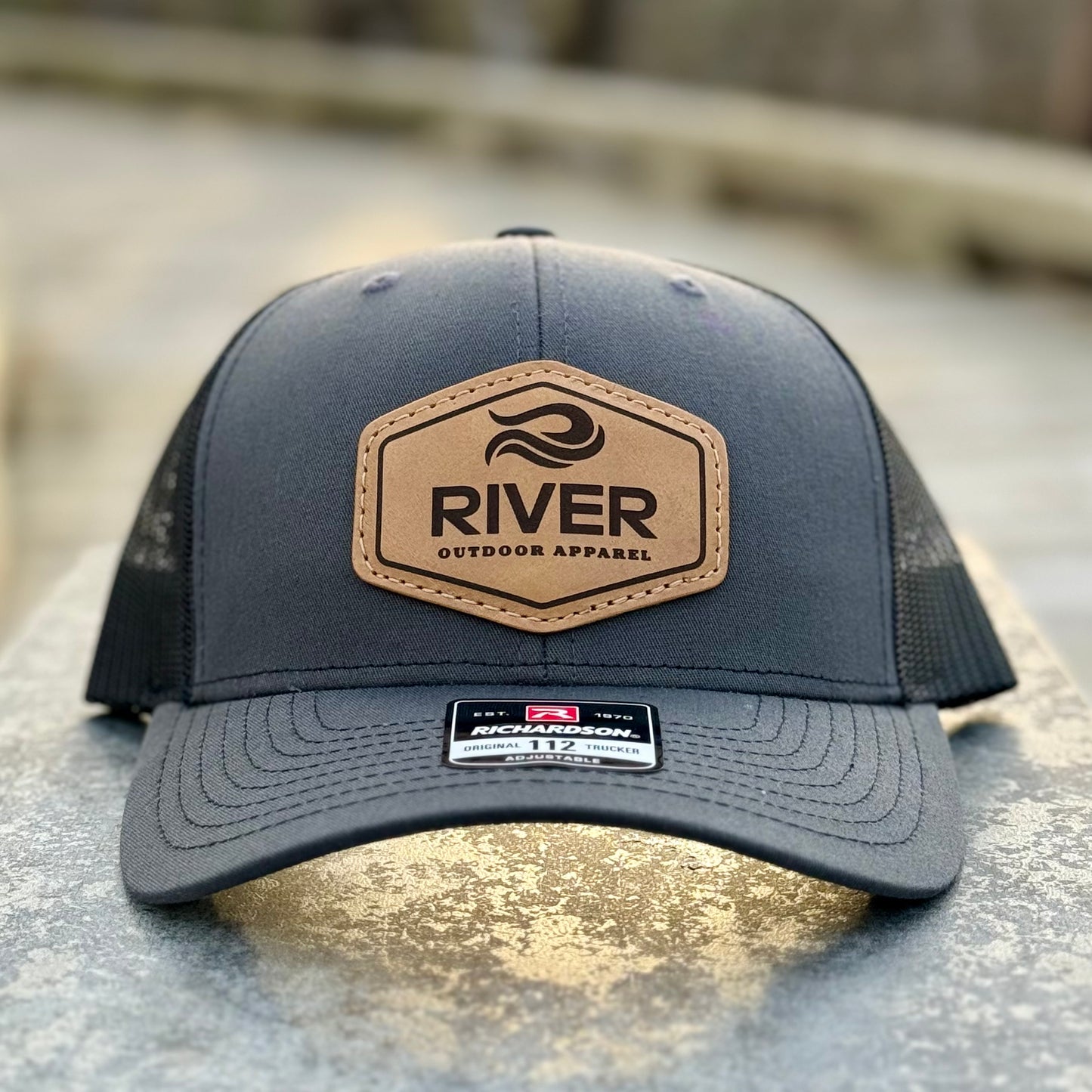 Charcoal/Black: River Logo Leather Patch Hat