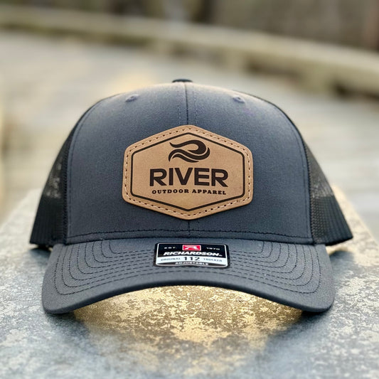 Charcoal/Black: River Logo Leather Patch Hat