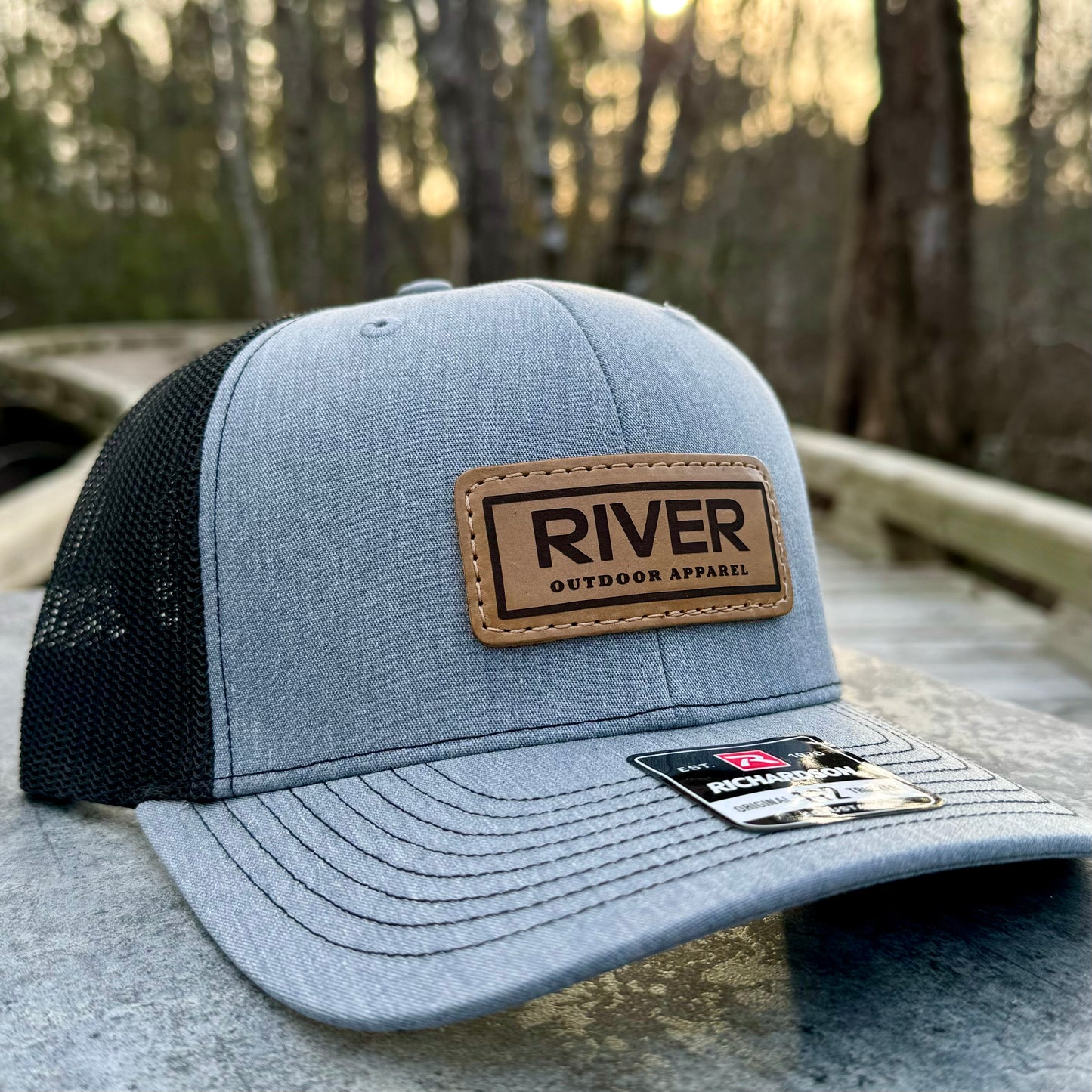 Heather Grey/Black : RIVER Logo Leather Patch Hat